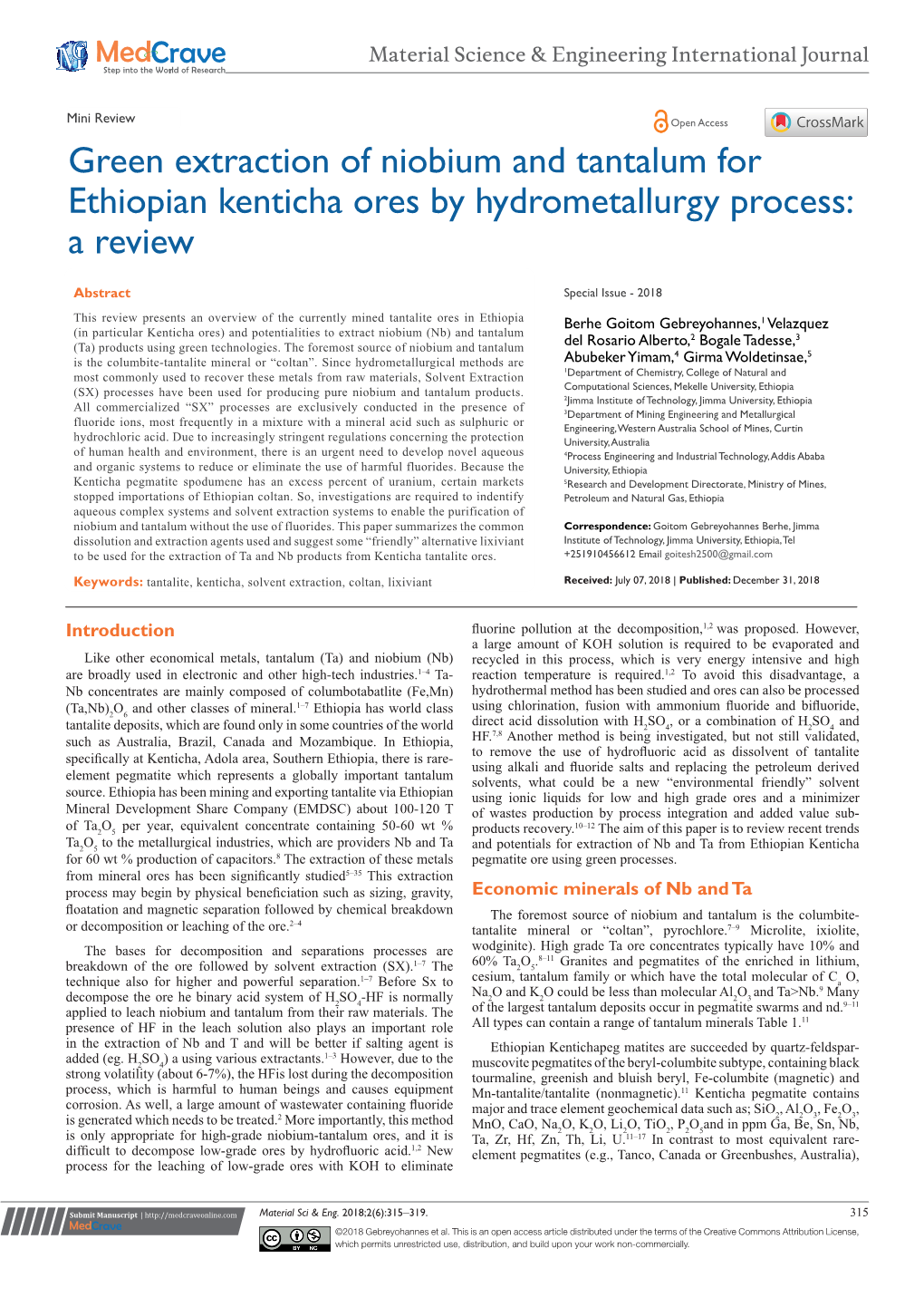 Green Extraction of Niobium and Tantalum for Ethiopian Kenticha Ores by Hydrometallurgy Process: a Review