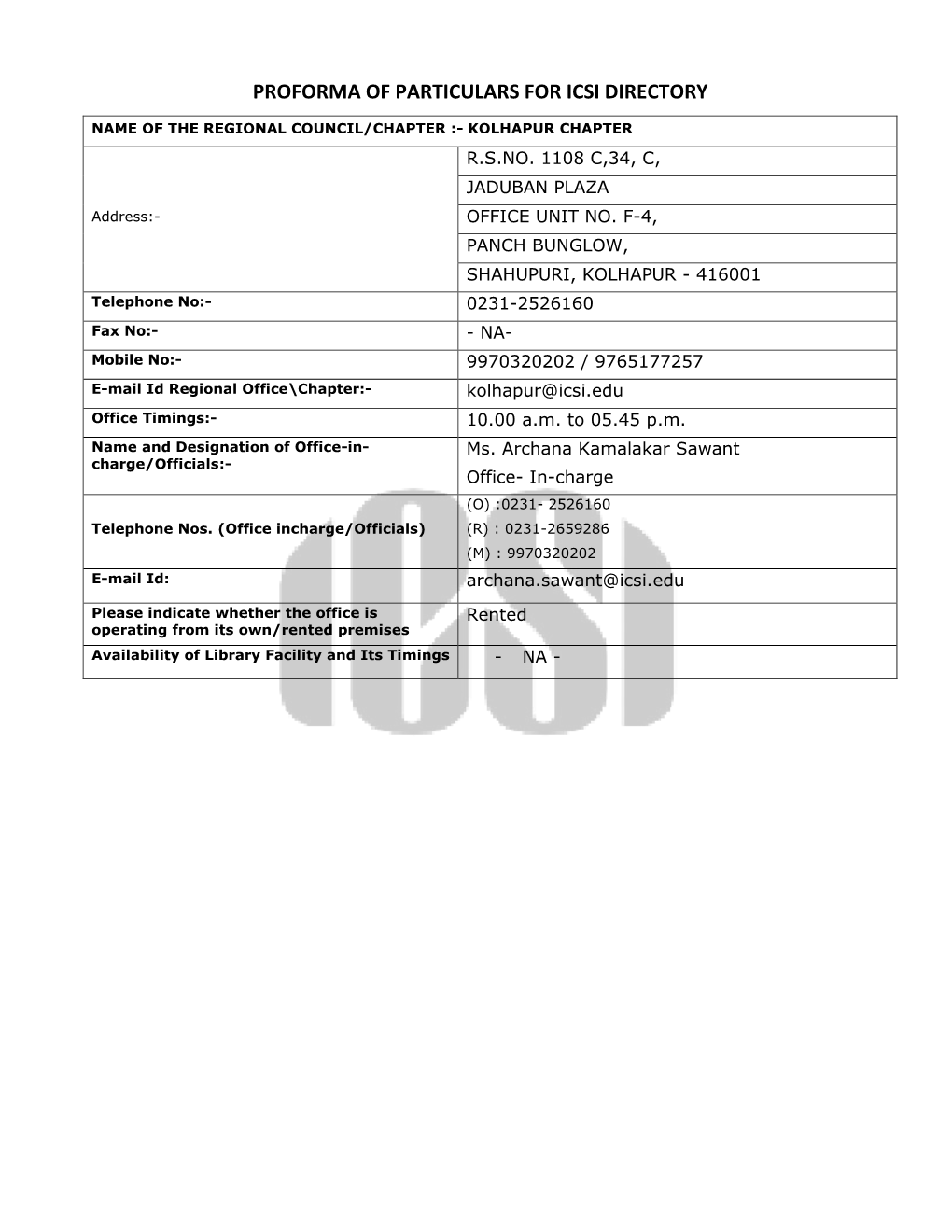 Proforma of Particulars for Icsi Directory