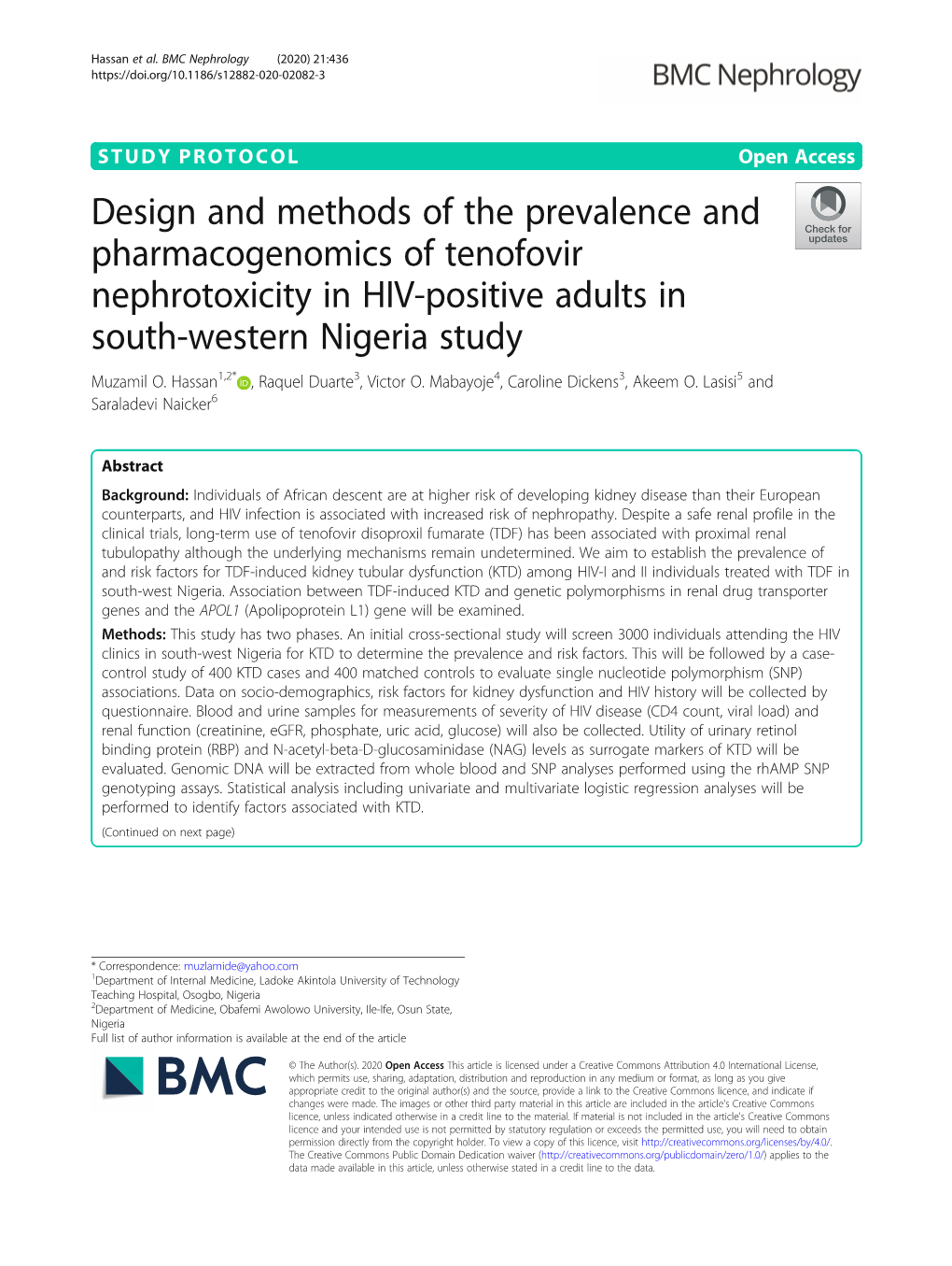 Design and Methods of the Prevalence and Pharmacogenomics of Tenofovir Nephrotoxicity in HIV-Positive Adults in South-Western Nigeria Study Muzamil O