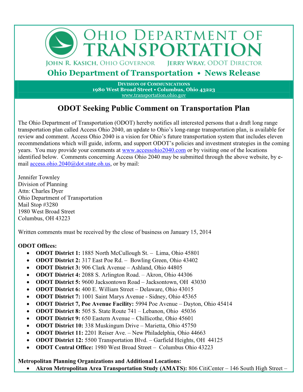 Ohio Department of Transportation • News Release ODOT Seeking Public Comment on Transportation Plan