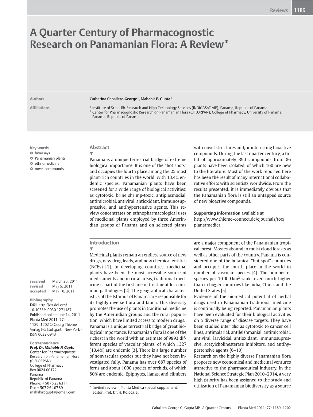 A Quarter Century of Pharmacognostic Research on Panamanian Flora: a Review*