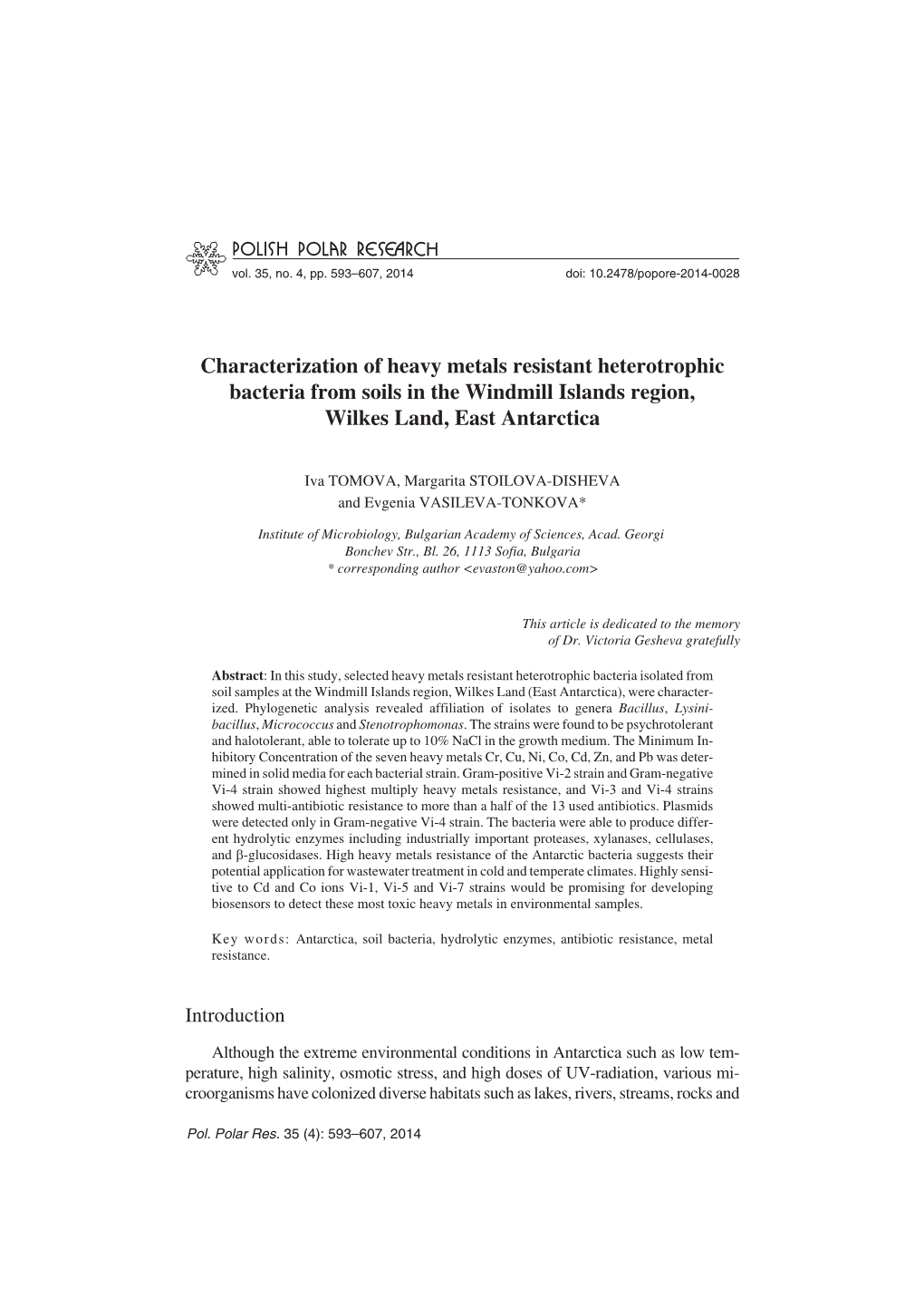 Characterization of Heavy Metals Resistant Heterotrophic Bacteria from Soils in the Windmill Islands Region, Wilkes Land, East Antarctica