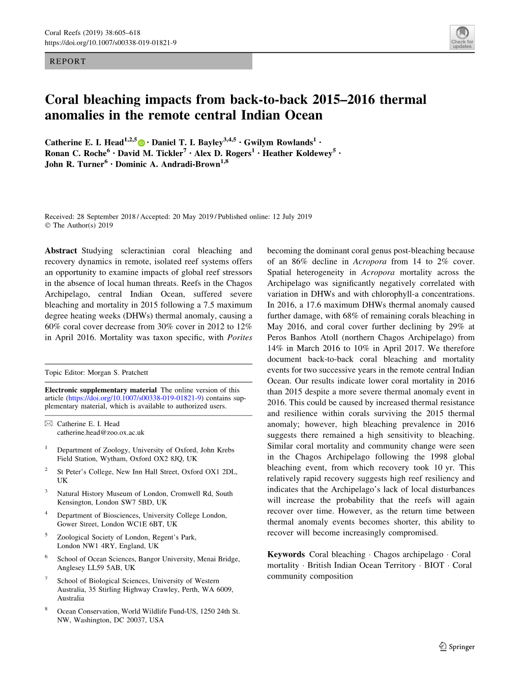 Coral Bleaching Impacts from Back-To-Back 2015–2016 Thermal Anomalies in the Remote Central Indian Ocean