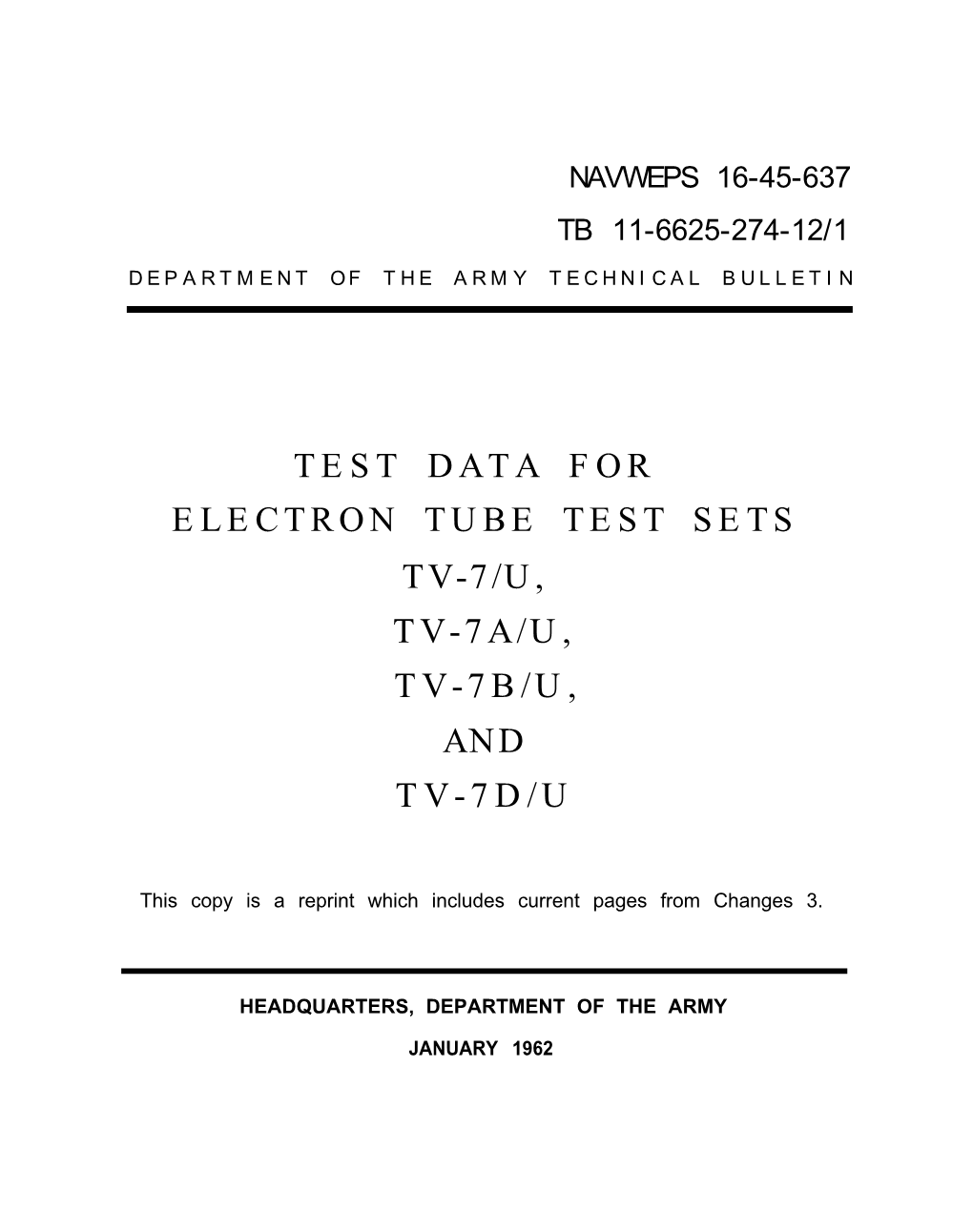 Test Data for Electron Tube Test Sets Tv-7/U, Tv-7A/U, Tv-7B/U, and Tv-7D/U