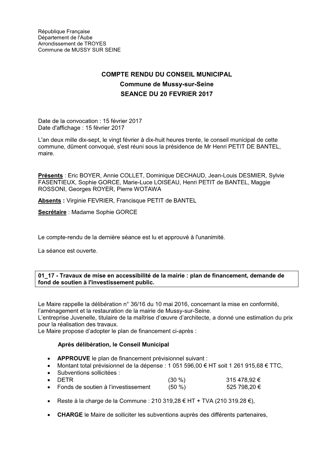 COMPTE RENDU DU CONSEIL MUNICIPAL Commune De Mussy