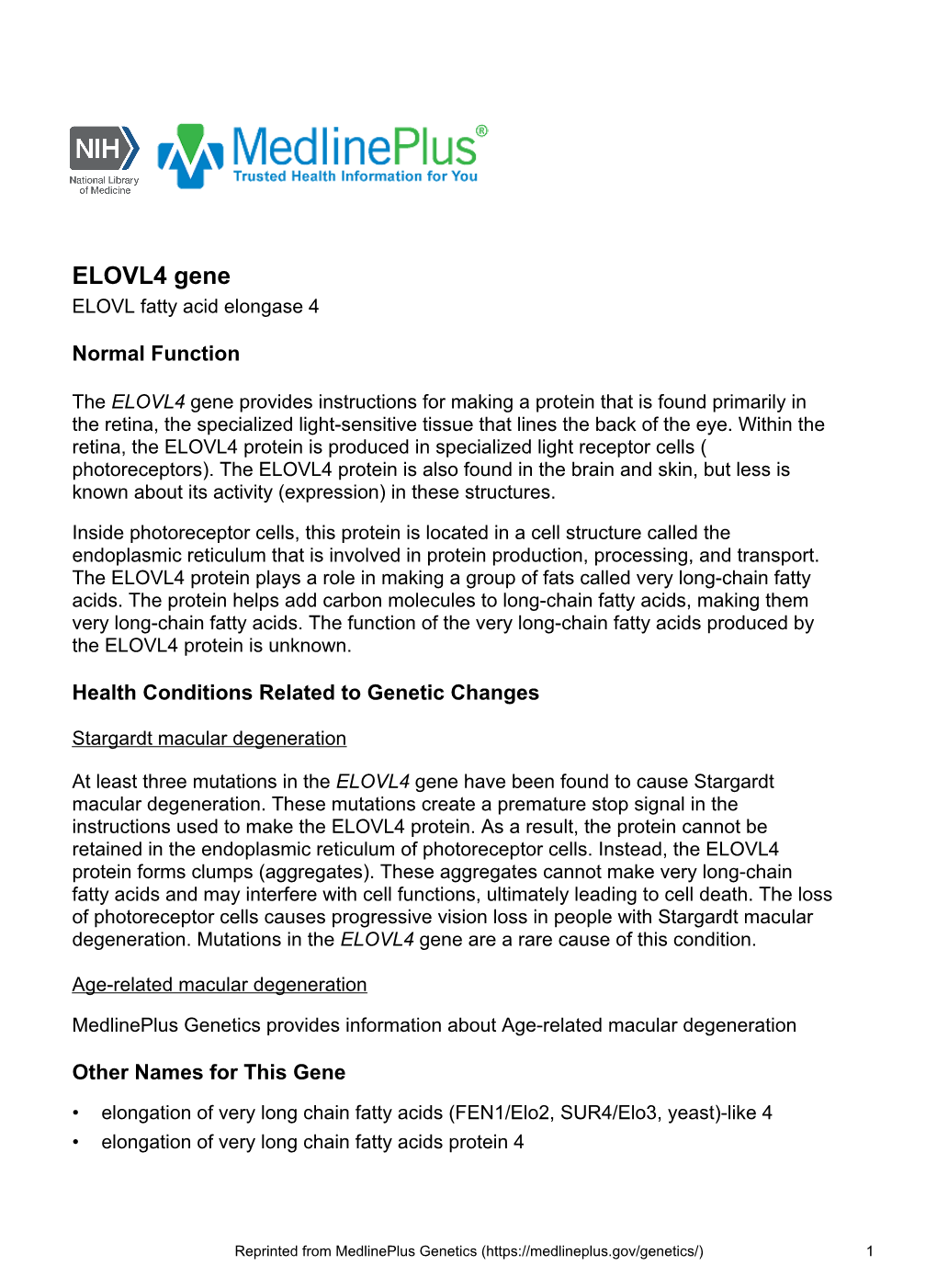 ELOVL4 Gene ELOVL Fatty Acid Elongase 4