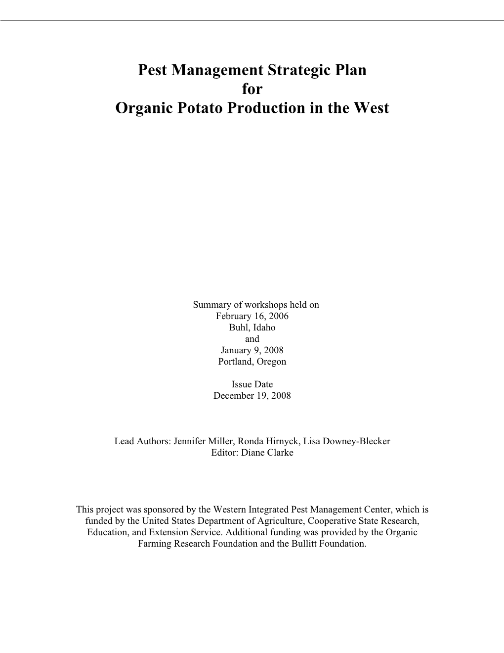 Pest Management Strategic Plan for Organic Potato Production in the West