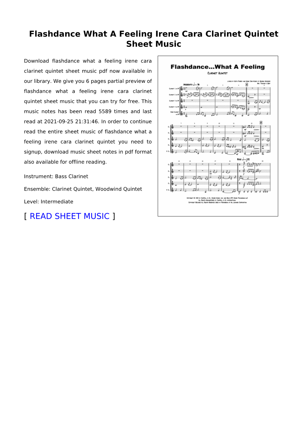 Sheet Music of Flashdance What a Feeling Irene Cara Clarinet Quintet You Need to Signup, Download Music Sheet Notes in Pdf Format Also Available for Offline Reading