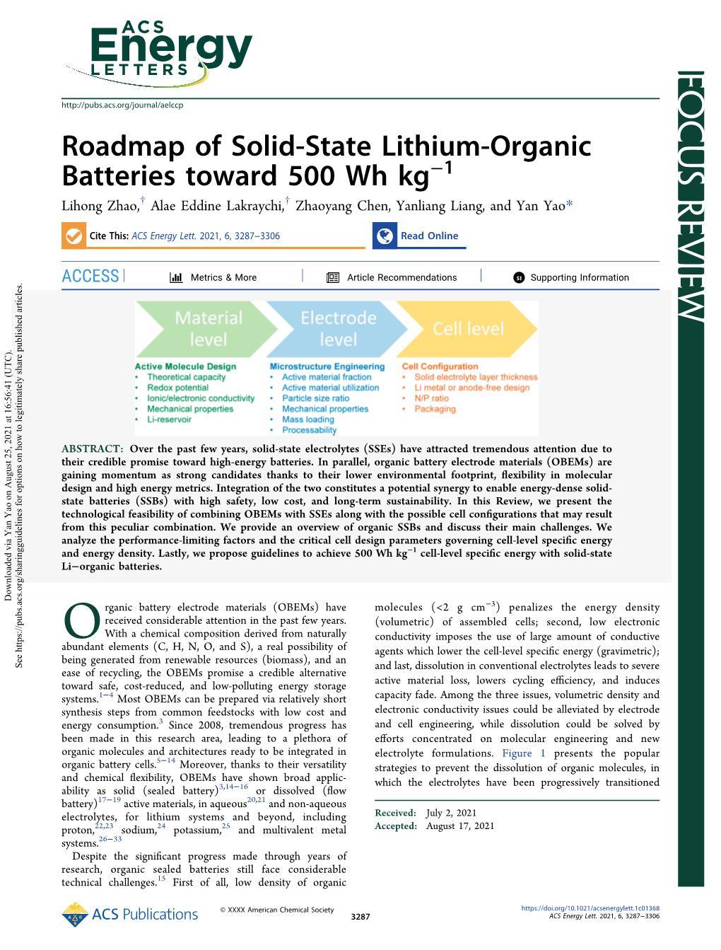 Roadmap of Solid-State Lithium-Organic Batteries Toward 500 Wh Kg−1 † † Lihong Zhao, Alae Eddine Lakraychi, Zhaoyang Chen, Yanliang Liang, and Yan Yao*