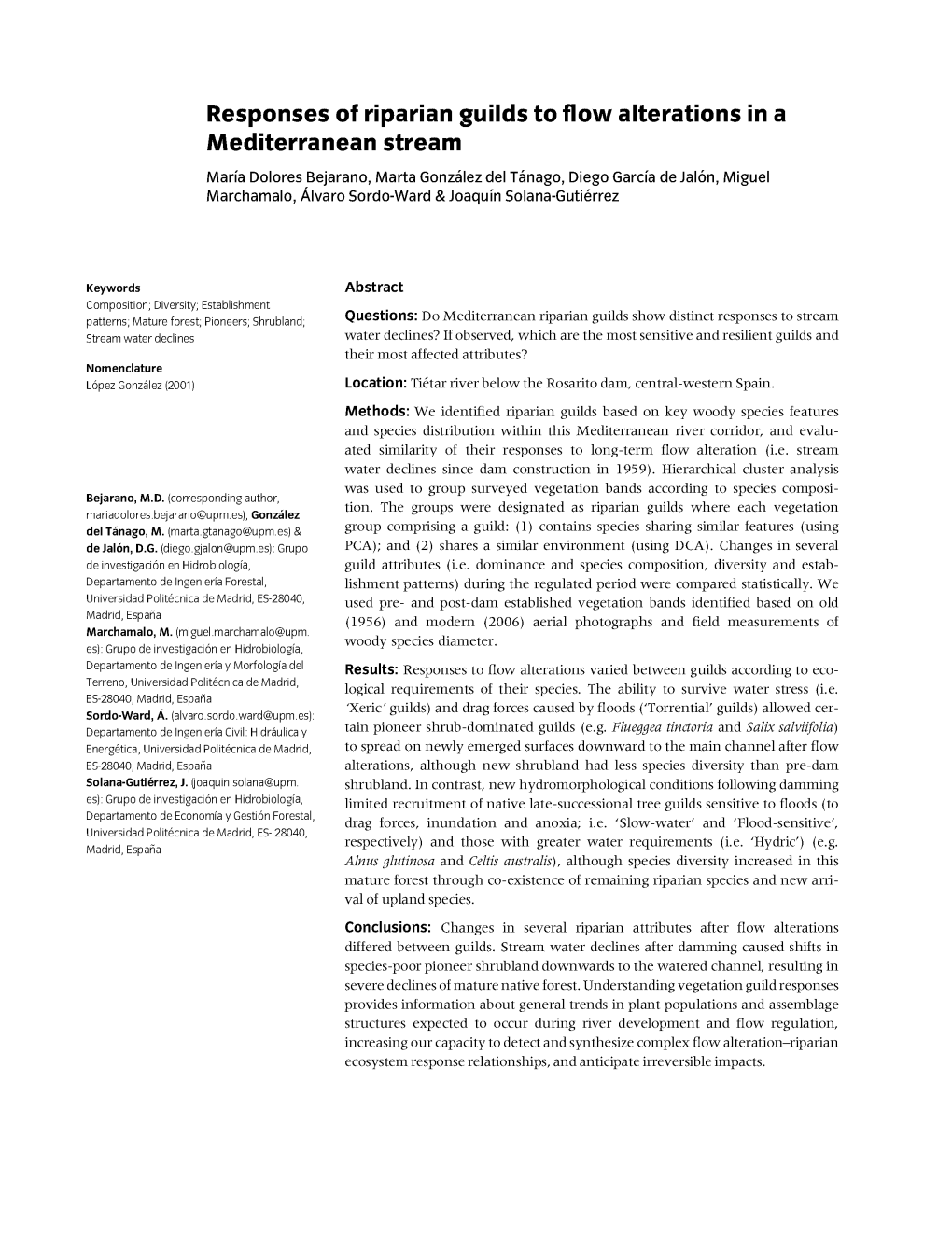 Responses of Riparian Guilds to Flow Alterations in a Mediterranean Stream