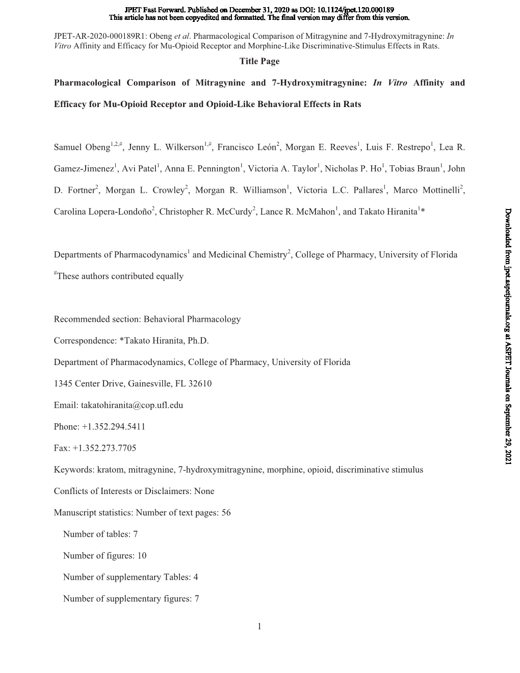 1 Title Page Pharmacological Comparison of Mitragynine and 7