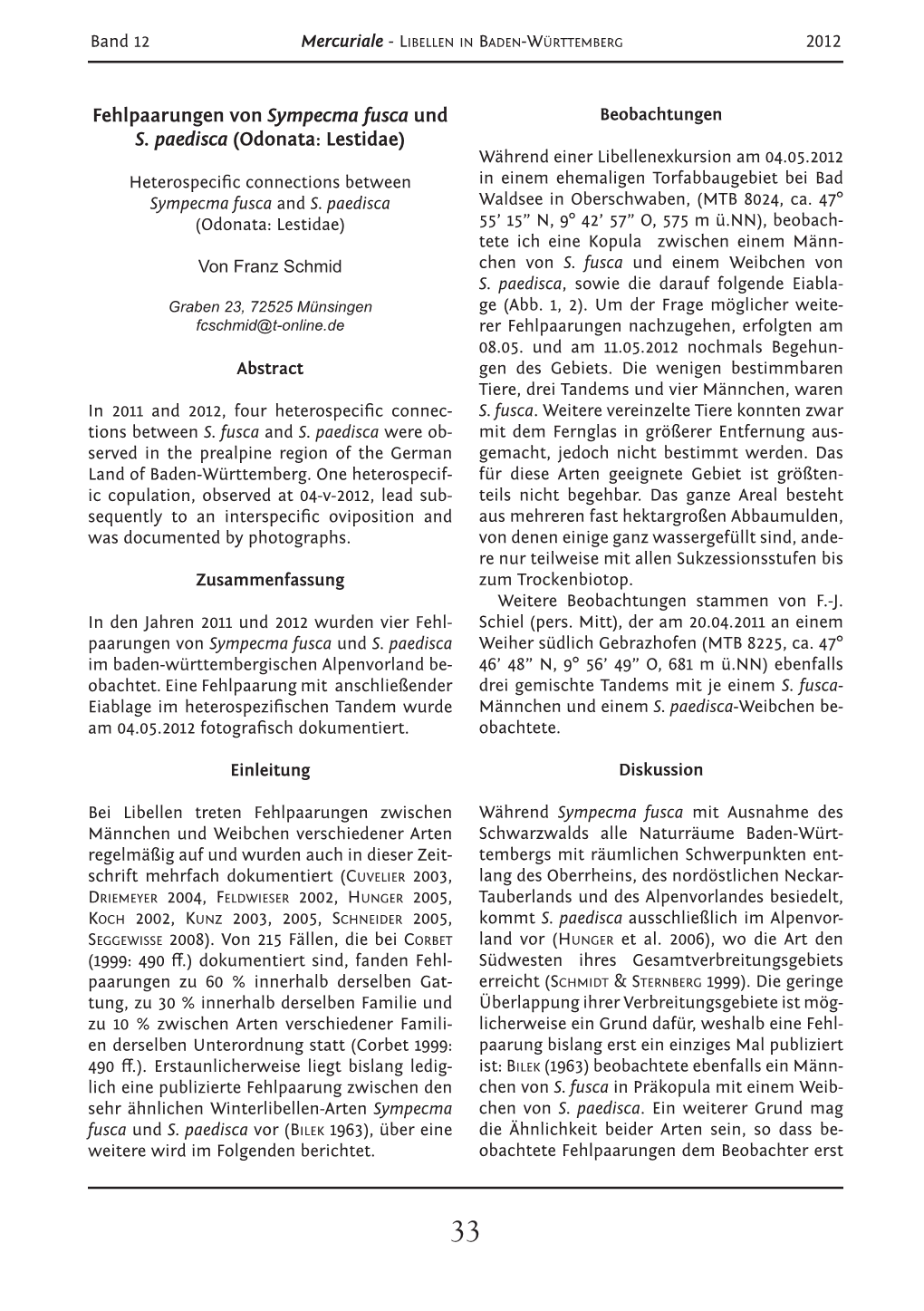 Fehlpaarungen Von Sympecma Fusca Und S. Paedisca (Odonata: Lestidae)