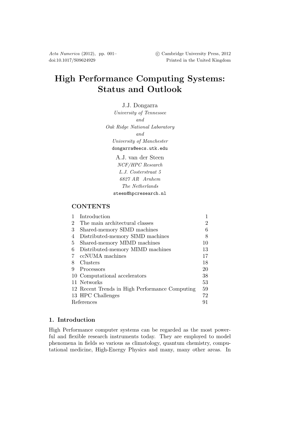 High Performance Computing Systems: Status and Outlook