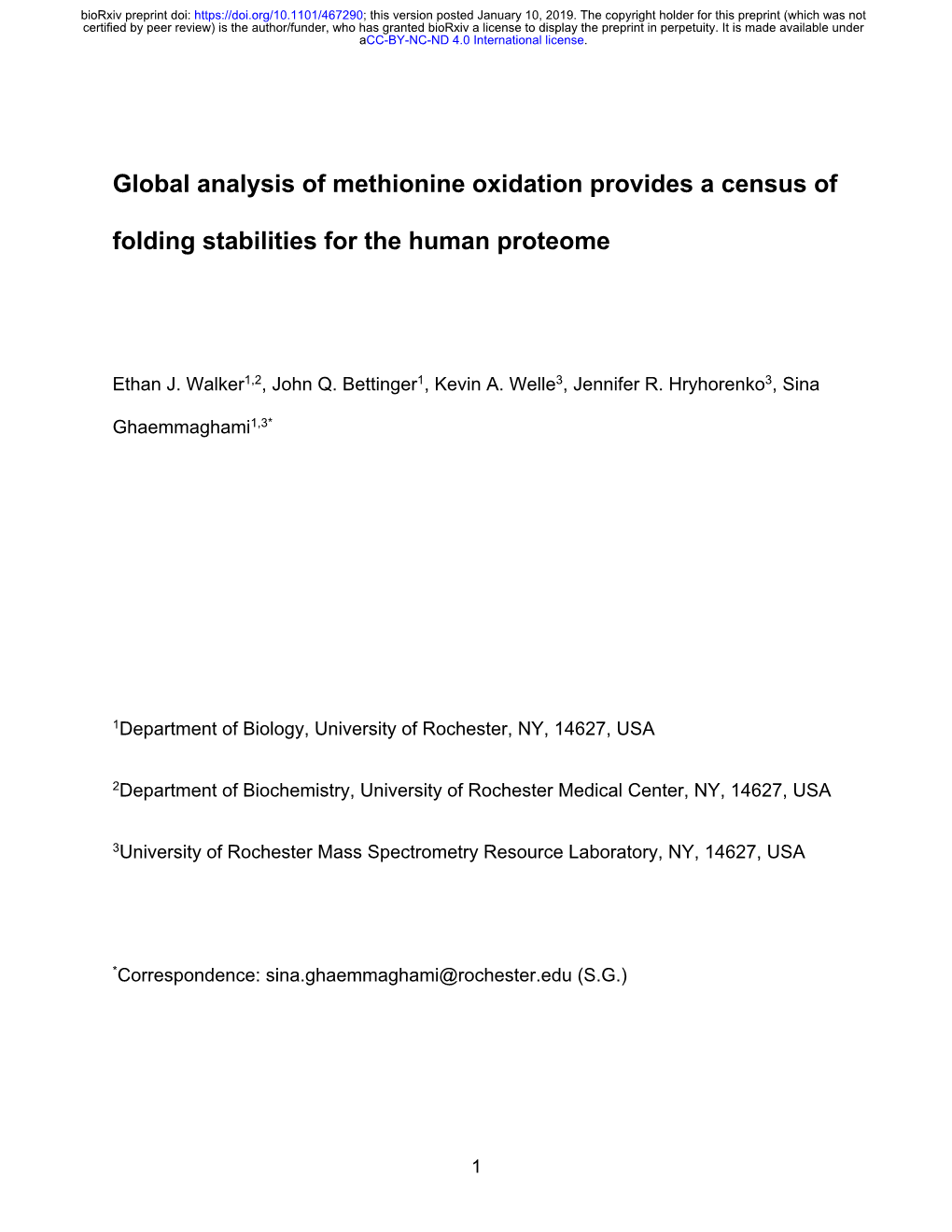 Global Analysis of Methionine Oxidation Provides a Census Of