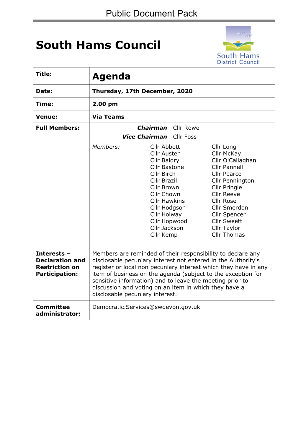 (Public Pack)Agenda Document for South Hams Council, 17/12/2020