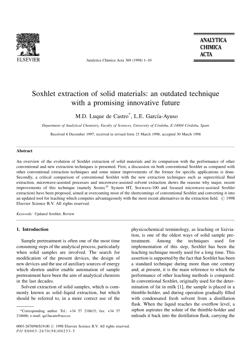 Soxhlet Extraction of Solid Materials: an Outdated Technique with a Promising Innovative Future