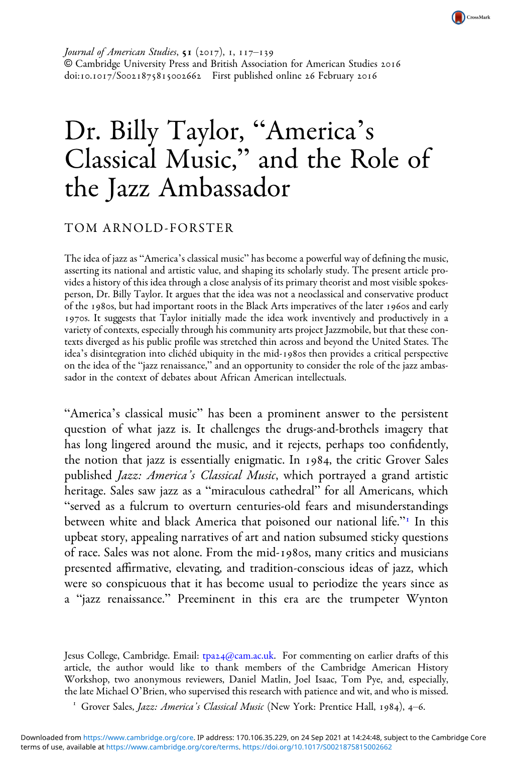 Dr. Billy Taylor, “America's Classical Music,” and the Role of the Jazz