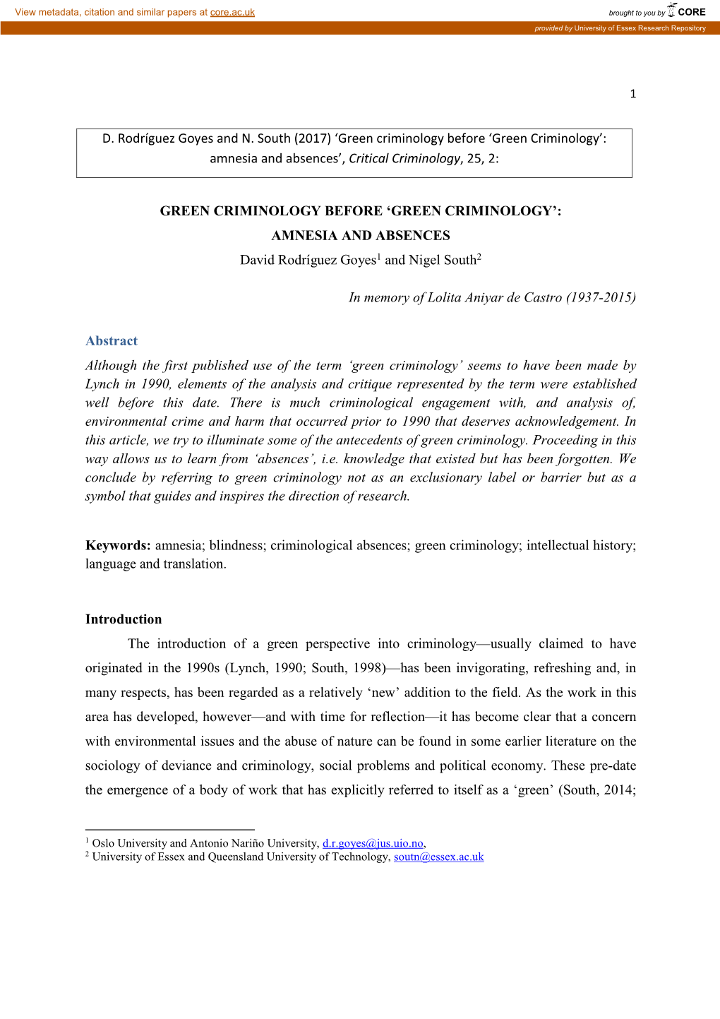 Goyes and South -- Green Criminology Before Green Criminology