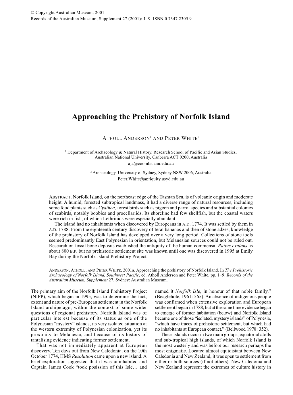 Approaching the Prehistory of Norfolk Island