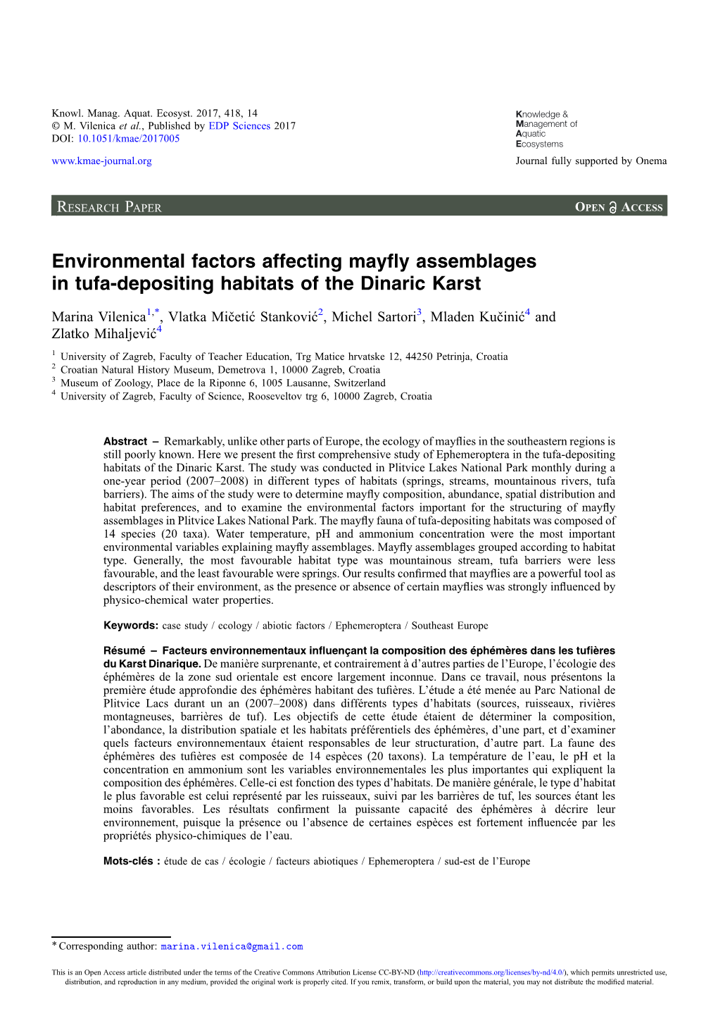 Environmental Factors Affecting Mayfly Assemblages in Tufa-Depositing