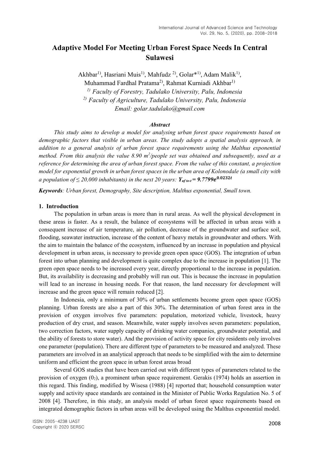 Adaptive Model for Meeting Urban Forest Space Needs in Central Sulawesi