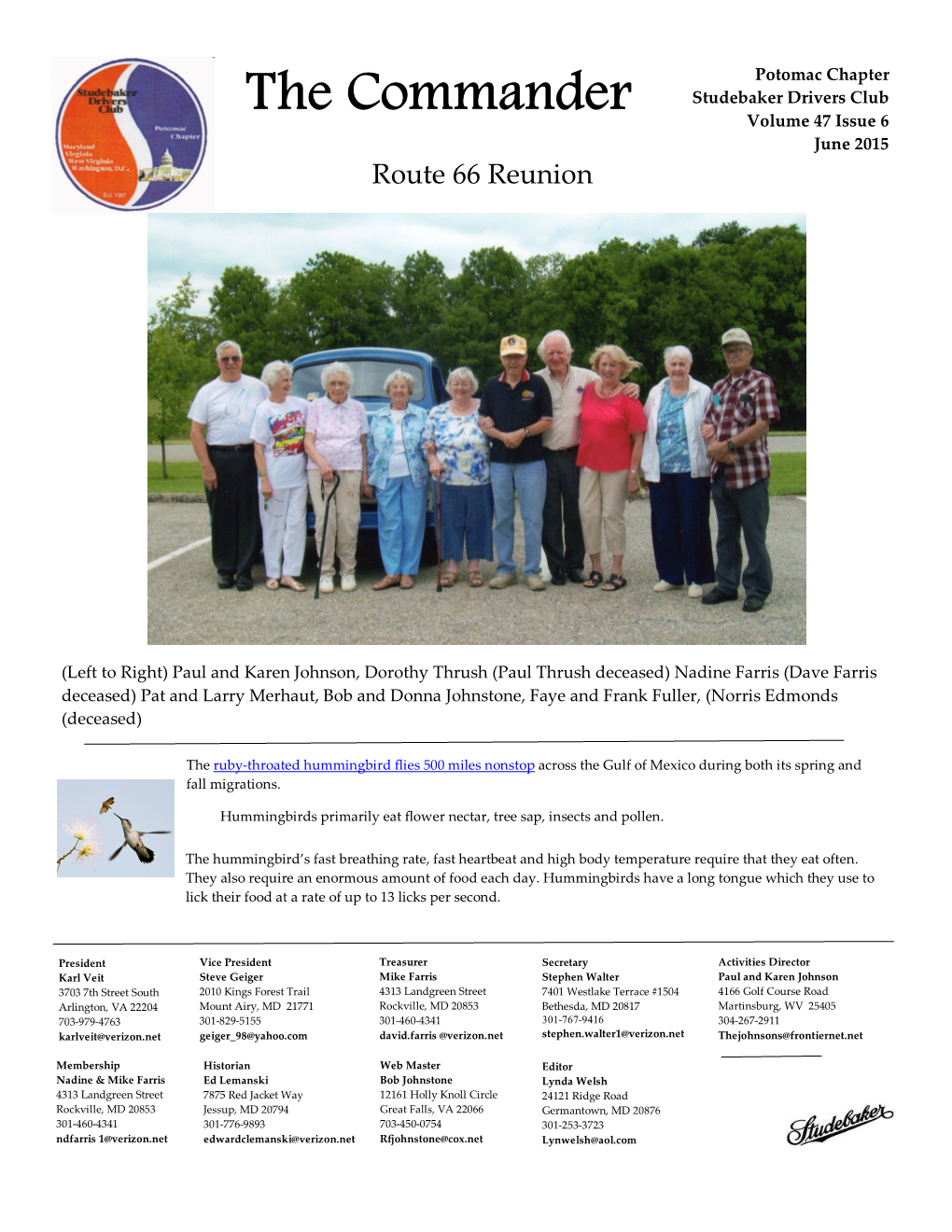 The Commander Studebaker Drivers Club Volume 47 Issue 6 June 2015 Route 66 Reunion