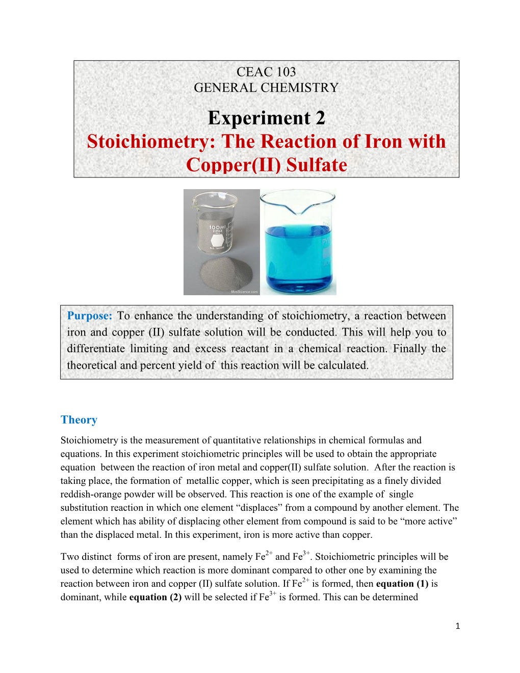 Stoichiometry: the Reaction of Iron with Copper(II) Sulfate