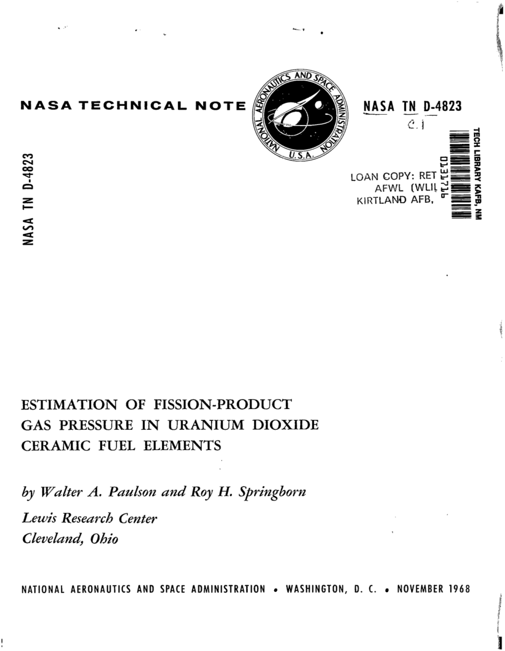 ESTIMATION of FISSION-PRODUCT GAS PRESSURE in URANIUM DIOXIDE CERAMIC FUEL ELEMENTS by Wuzter A