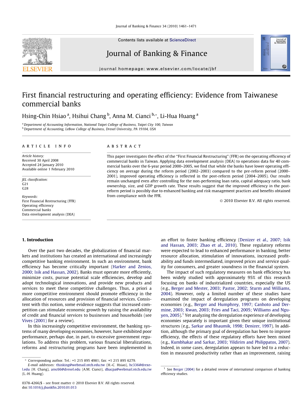 First Financial Restructuring and Operating Efficiency: Evidence from Taiwanese Commercial Banks