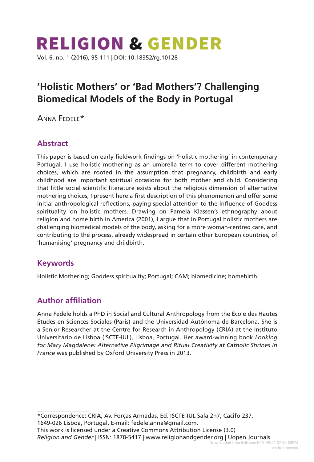 Downloaded from Brill.Com10/01/2021 07:59:52PM Via Free Access Fedele: ‘Holistic Mothers’ Or ‘Bad Mothers’? Challenging Biomedical Models of the Body