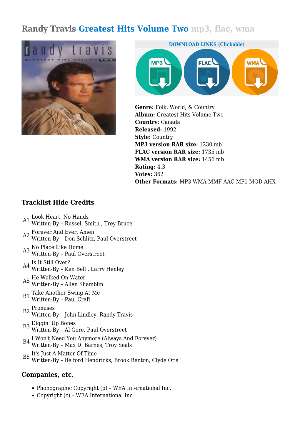 Randy Travis Greatest Hits Volume Two Mp3, Flac, Wma