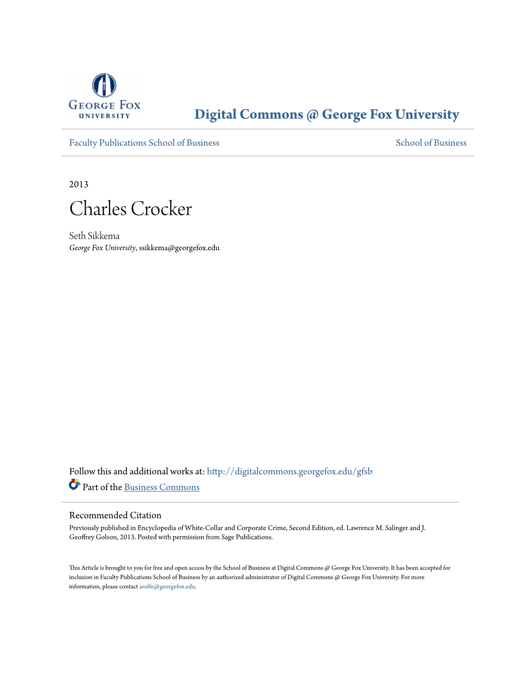 Charles Crocker Seth Sikkema George Fox University, Ssikkema@Georgefox.Edu