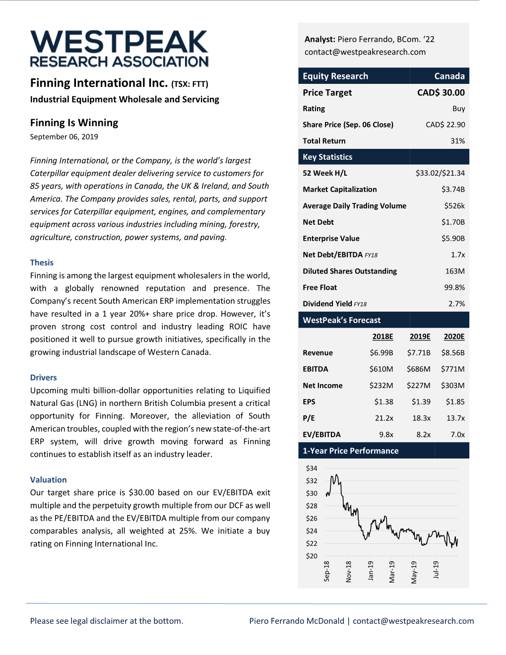 Finning International Inc. (TSX: FTT) Price Target CAD$ 30.00 Industrial Equipment Wholesale and Servicing Rating Buy Finning Is Winning Share Price (Sep