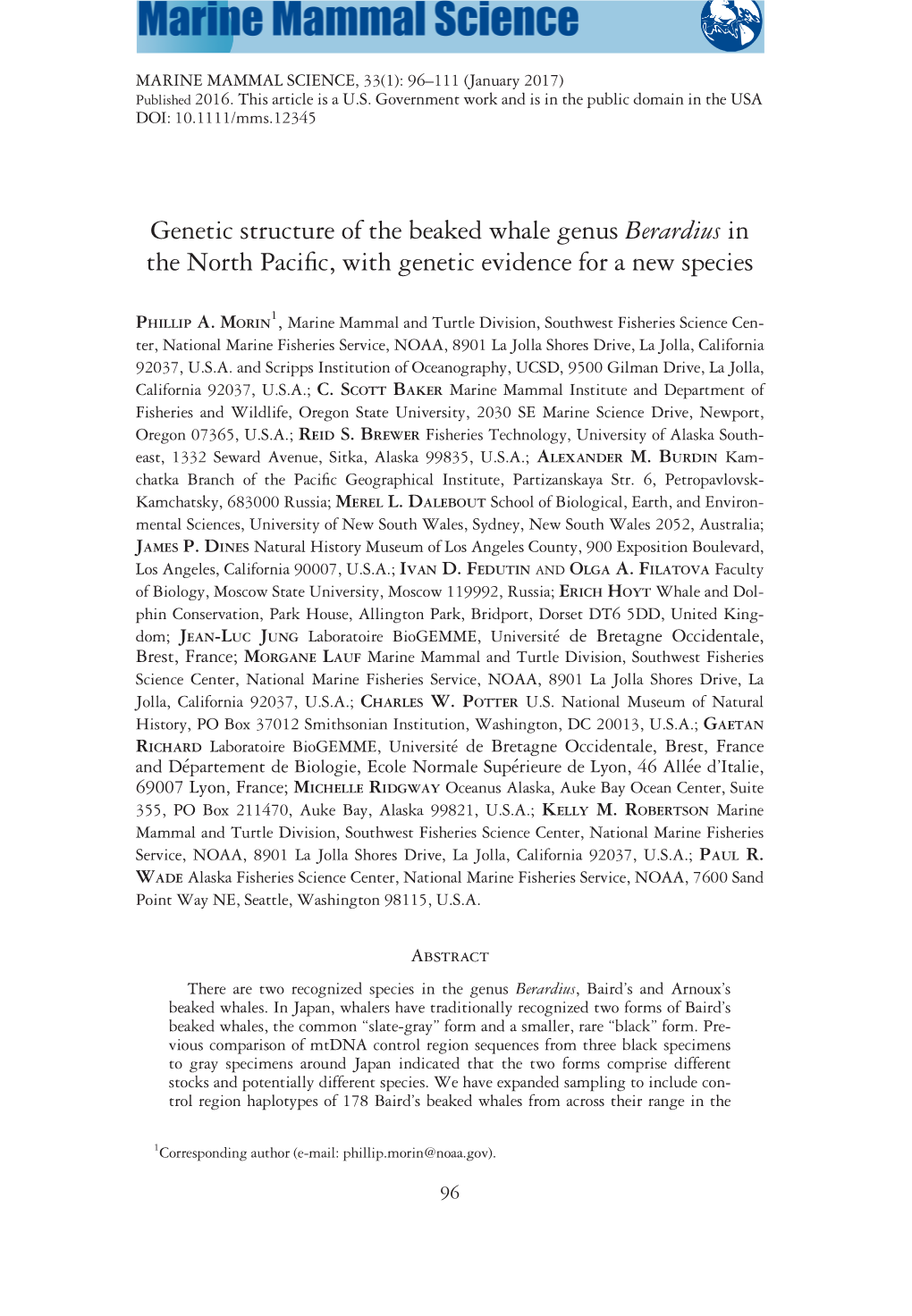 Genetic Structure of the Beaked Whale Genus Berardius in the North Pacific