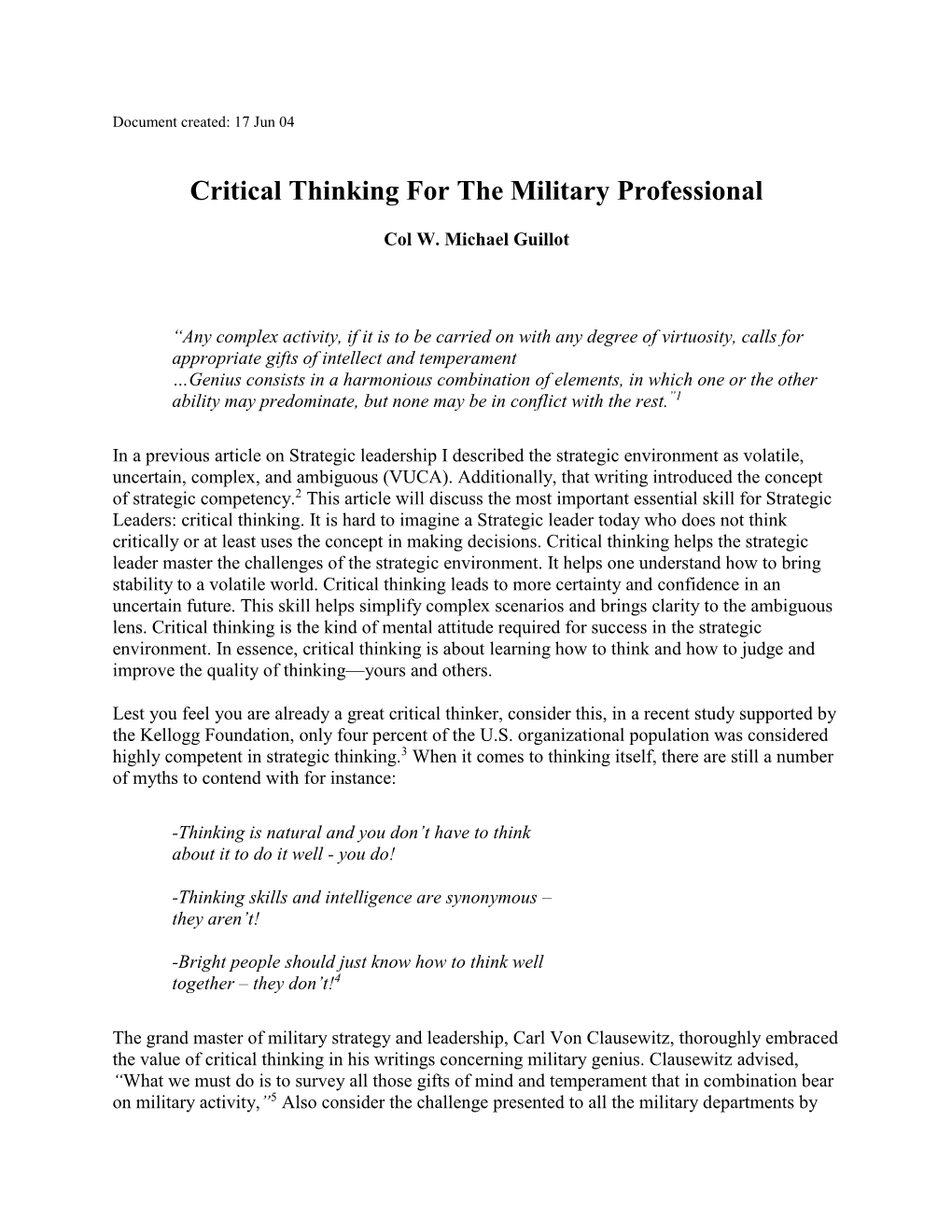 Critical Thinking for the Military Professional