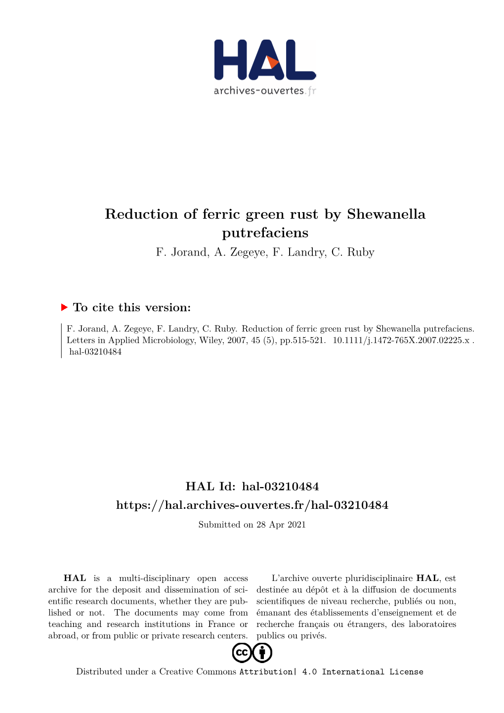 Reduction of Ferric Green Rust by Shewanella Putrefaciens F