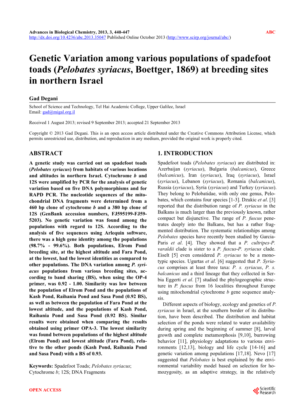 Genetic Variation Among Various Populations of Spadefoot Toads (Pelobates Syriacus, Boettger, 1869) at Breeding Sites in Northern Israel