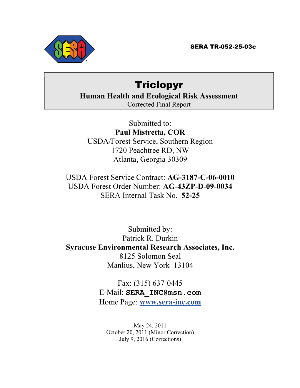 Triclopyr Human Health and Ecological Risk Assessment Corrected Final Report