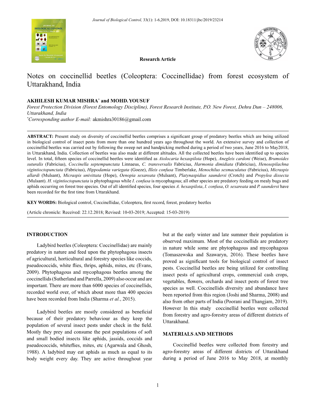 Notes on Coccinellid Beetles (Coleoptera: Coccinellidae) from Forest Ecosystem of Uttarakhand, India