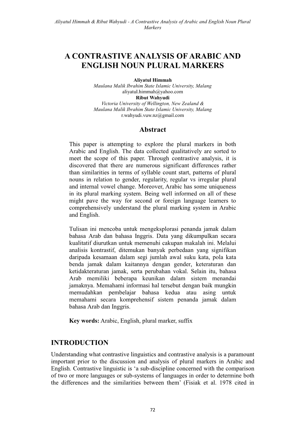 A Contrastive Analysis of Arabic and English Noun Plural Markers