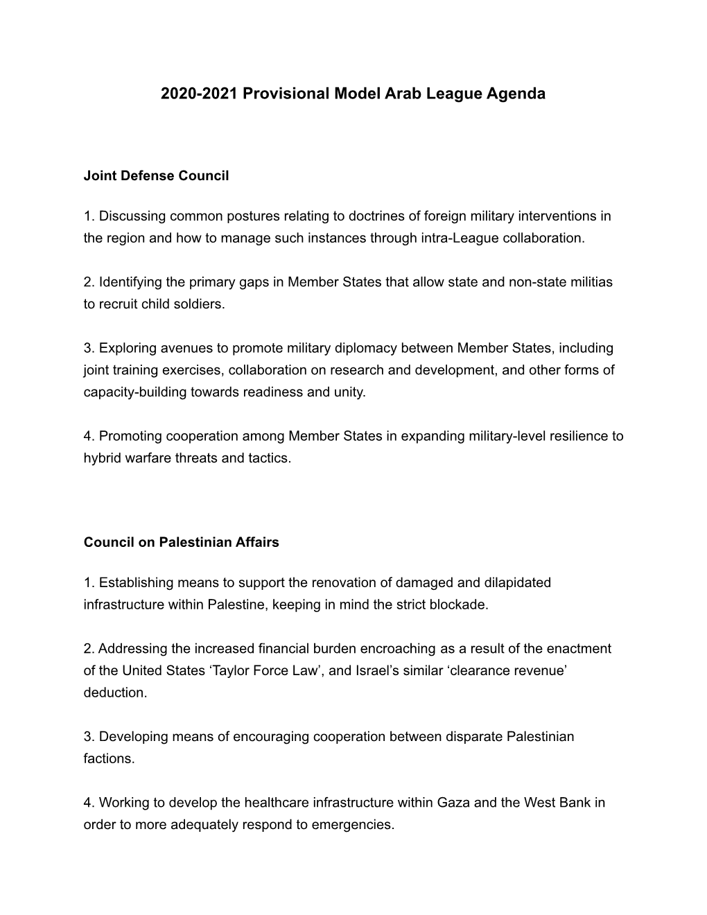 2020-2021 Provisional Model Arab League Agenda