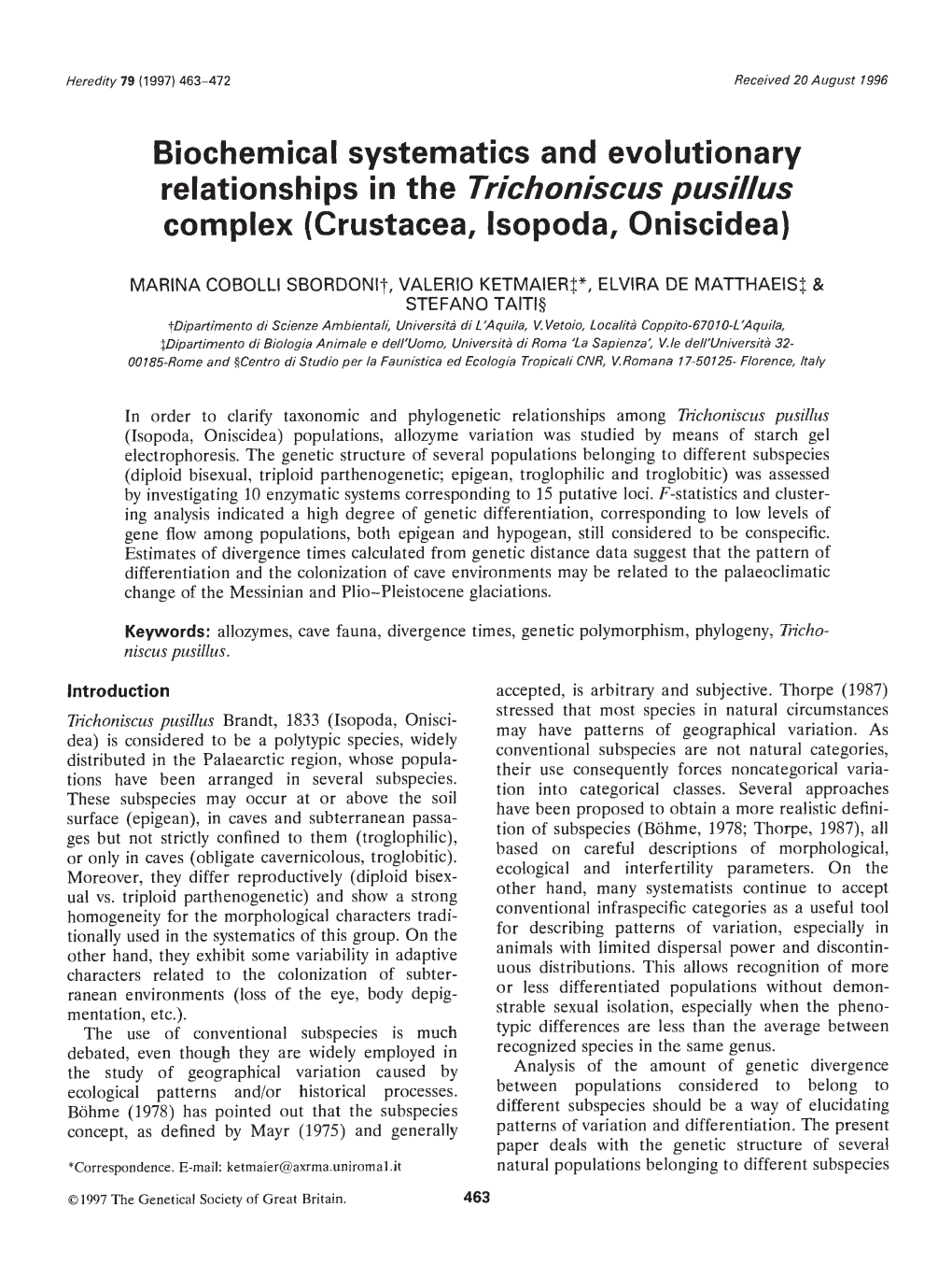 Biochemical Systematics and Evolutionary Relationships in the Trichoniscus Pusillus Complex (Crustacea, Isopoda, Oniscidea)