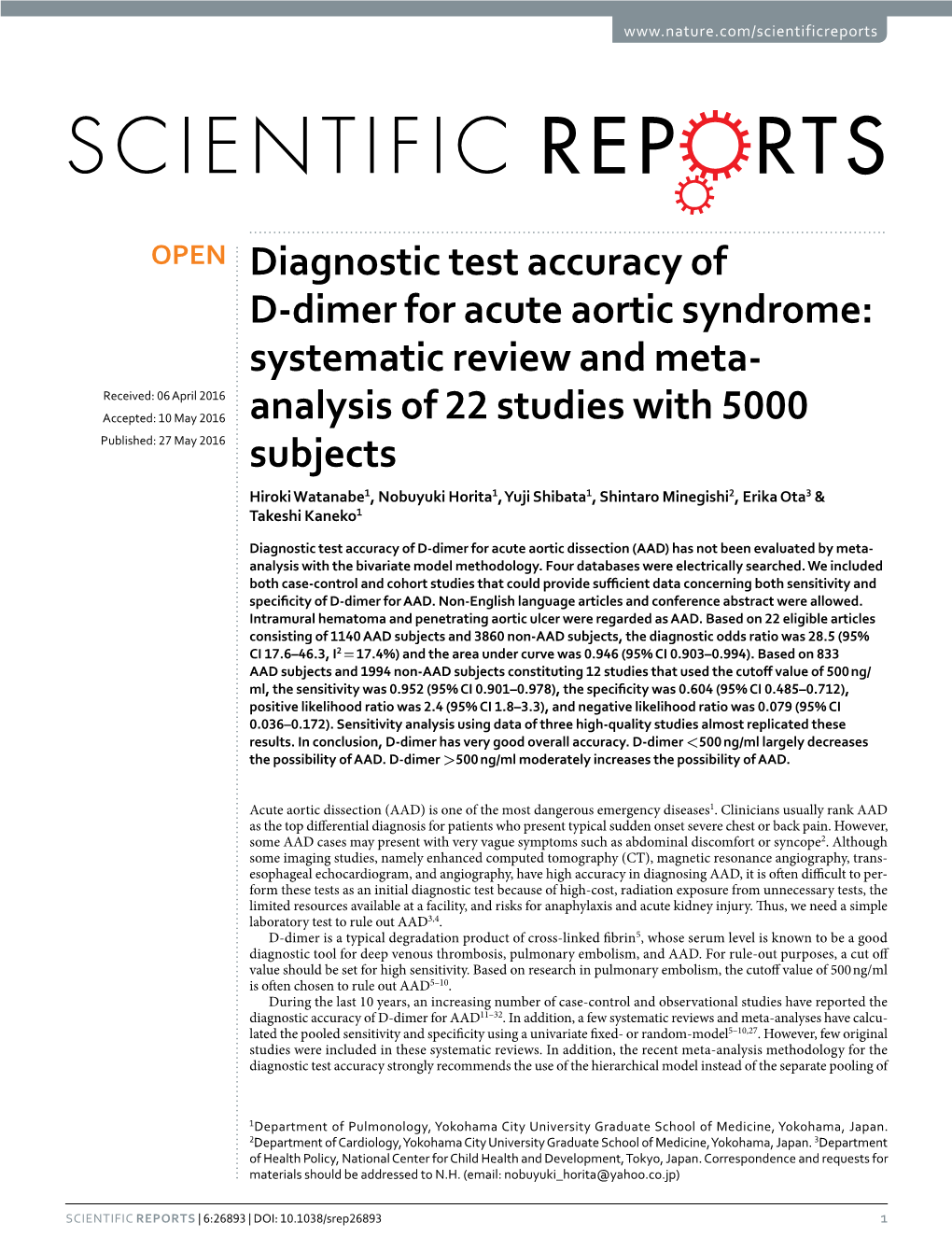 Diagnostic Test Accuracy of D-Dimer for Acute Aortic Syndrome