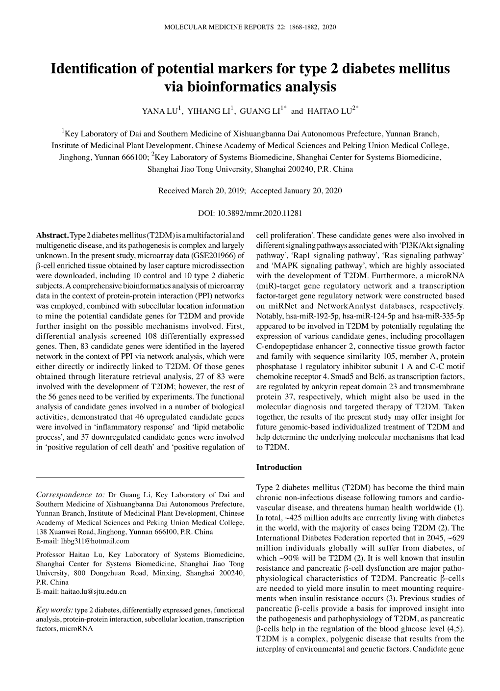 Identification of Potential Markers for Type 2 Diabetes Mellitus Via Bioinformatics Analysis