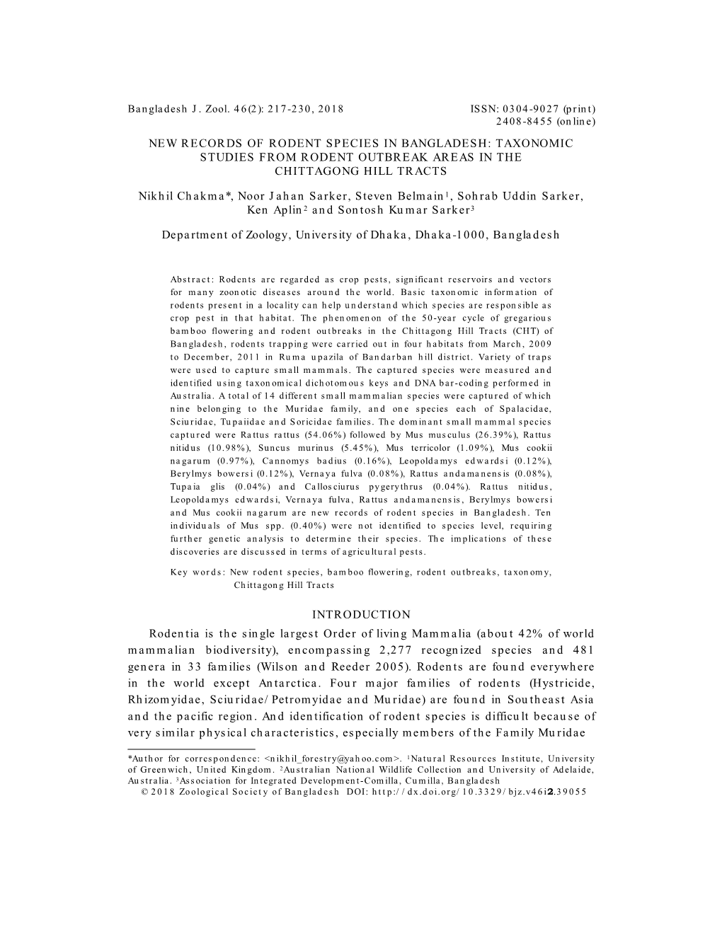 TAXONOMIC STUDIES from RODENT OUTBREAK AREAS in the CHITTAGONG HILL TRACTS Nikhil