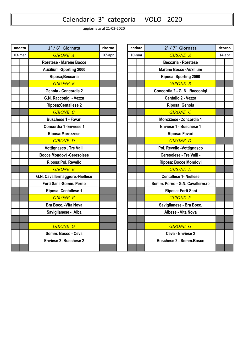 Calendario 3° Categoria - VOLO - 2020 Aggiornato Al 21-02-2020