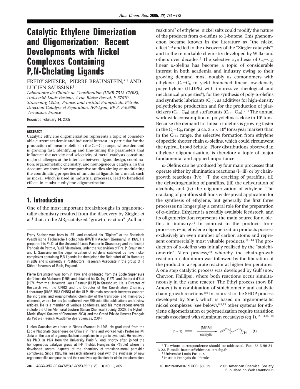 Catalytic Ethylene Dimerization and Oligomerization Speiser Et Al