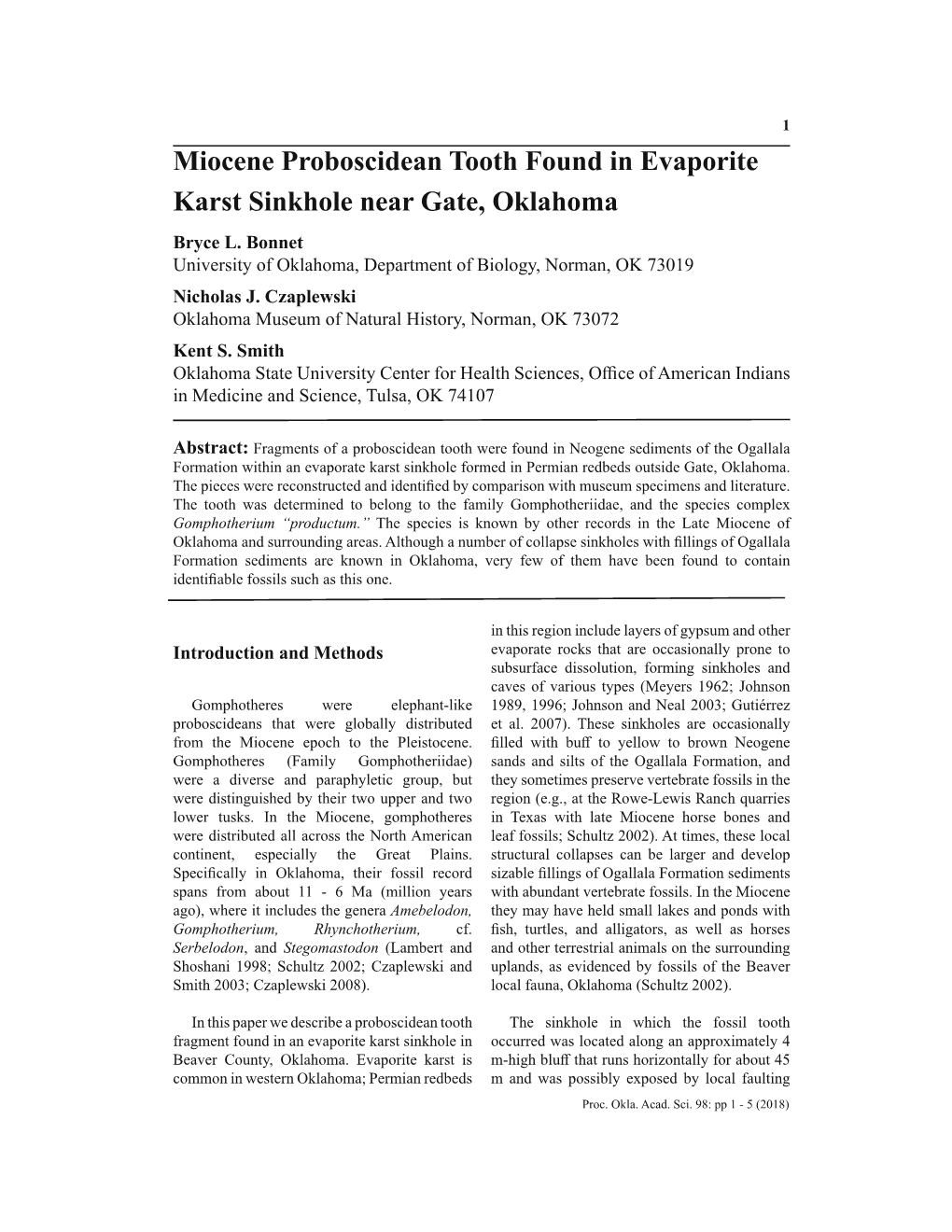 Miocene Proboscidean Tooth Found in Evaporite Karst Sinkhole Near Gate, Oklahoma Bryce L