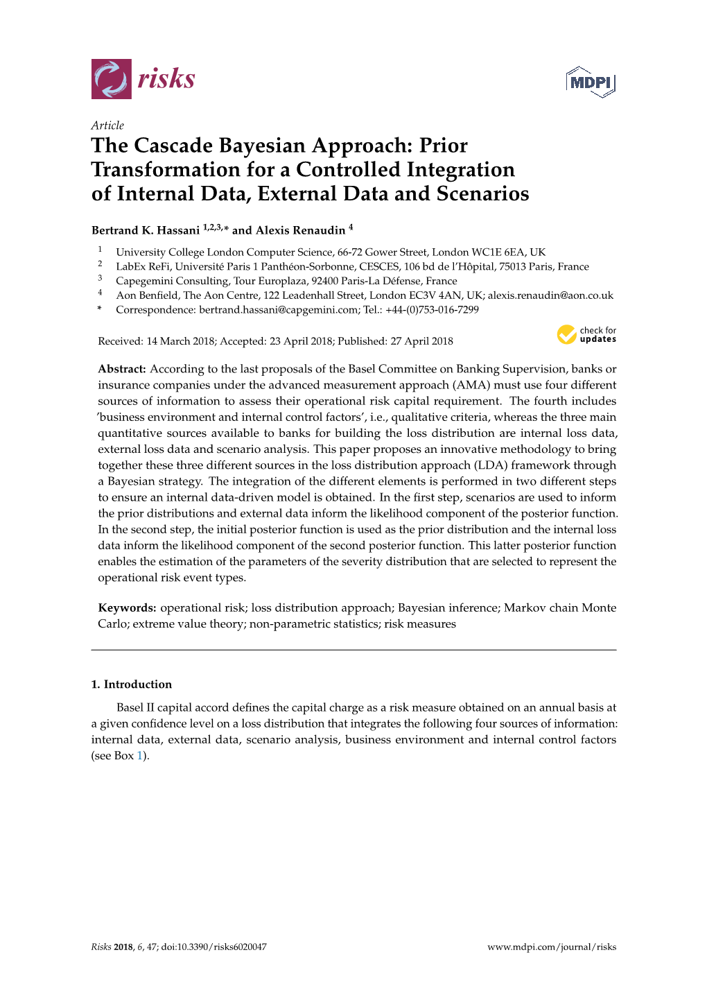 The Cascade Bayesian Approach: Prior Transformation for a Controlled Integration of Internal Data, External Data and Scenarios