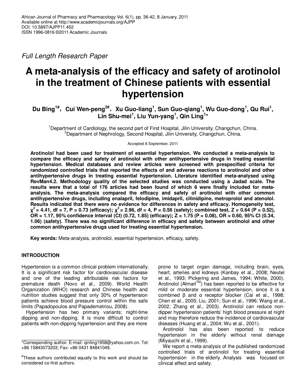 A Meta-Analysis of the Efficacy and Safety of Arotinolol in the Treatment of Chinese Patients with Essential Hypertension